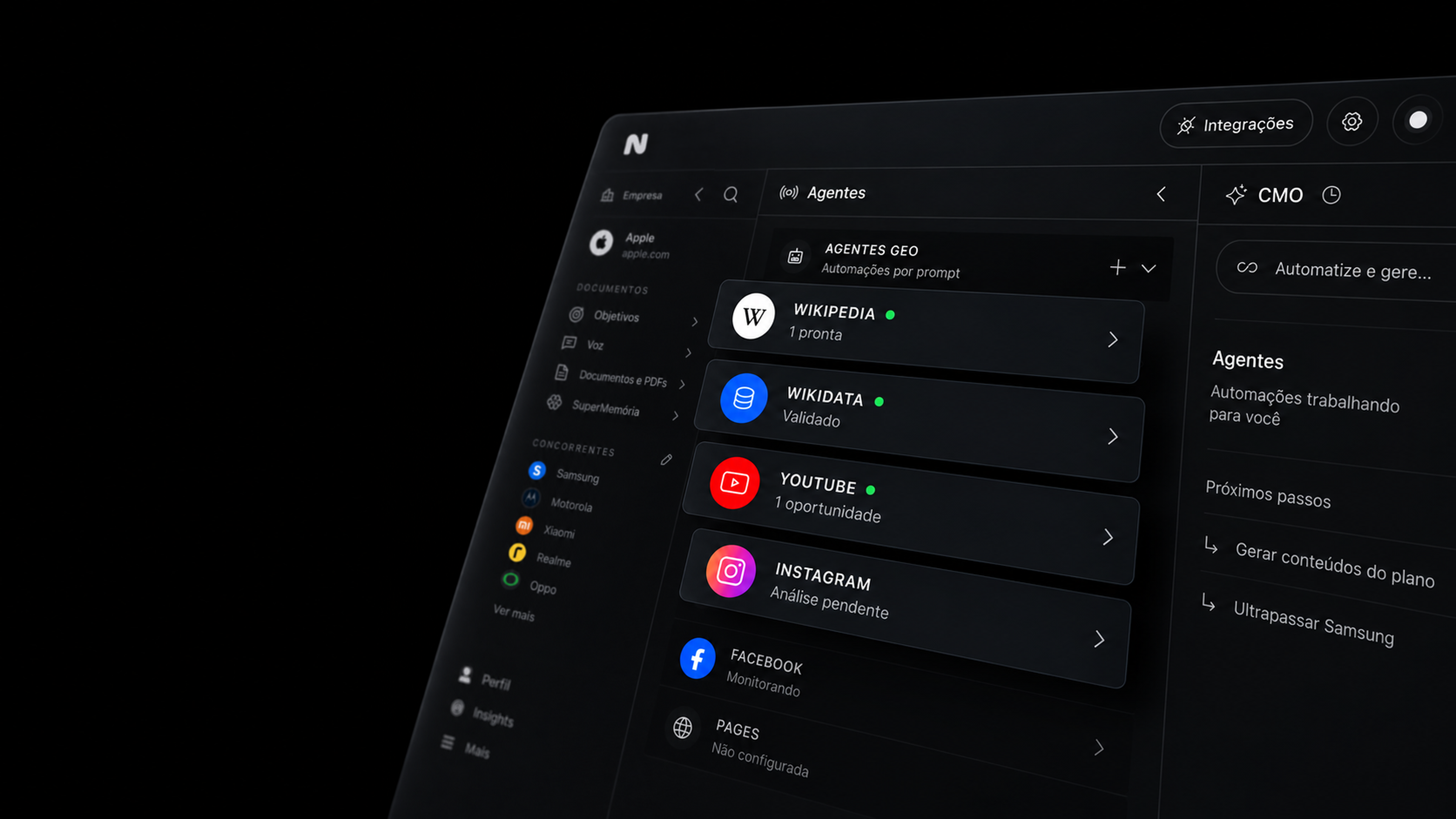 Painel da naia com agentes GEO, Wikipedia, Wikidata, YouTube e Instagram